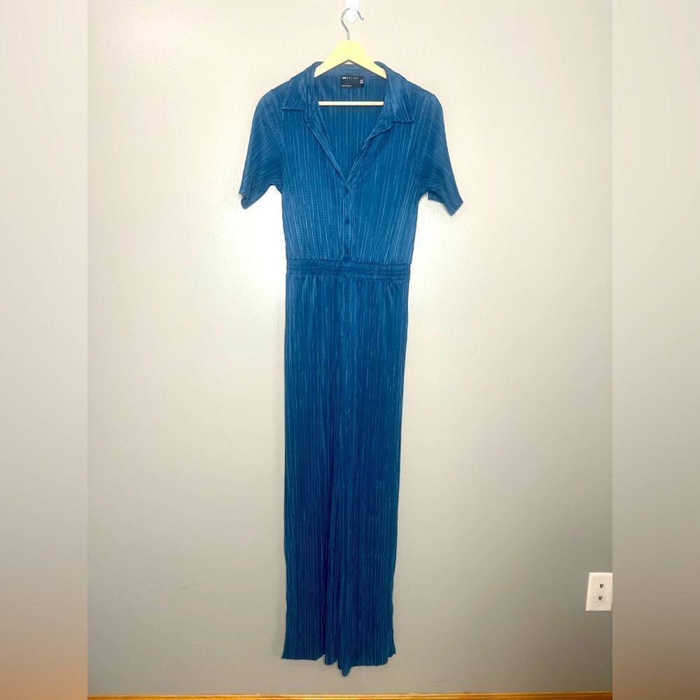 jumpsuit‎ Asos design collared plisse indigo size 6 pleated travel vaca